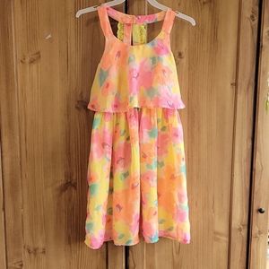 Girls Neon Pink, Orange Yellow Floral Fully Lined Chiffon Summer Dress Size 10